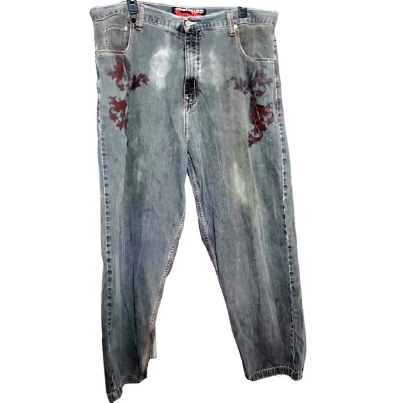 Y2K Black Baggy Jeans Mens 44 Red Dragon Print Faded Grunge Vintage Distressed - Picture 1 of 16